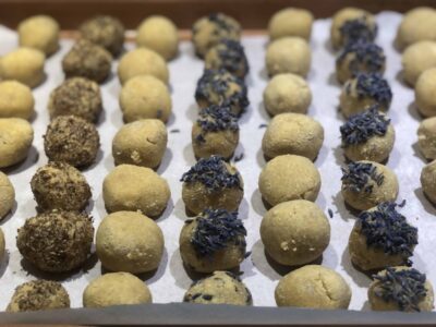 Grain-Free Doughnut Holes for Dogs on a cookie sheet