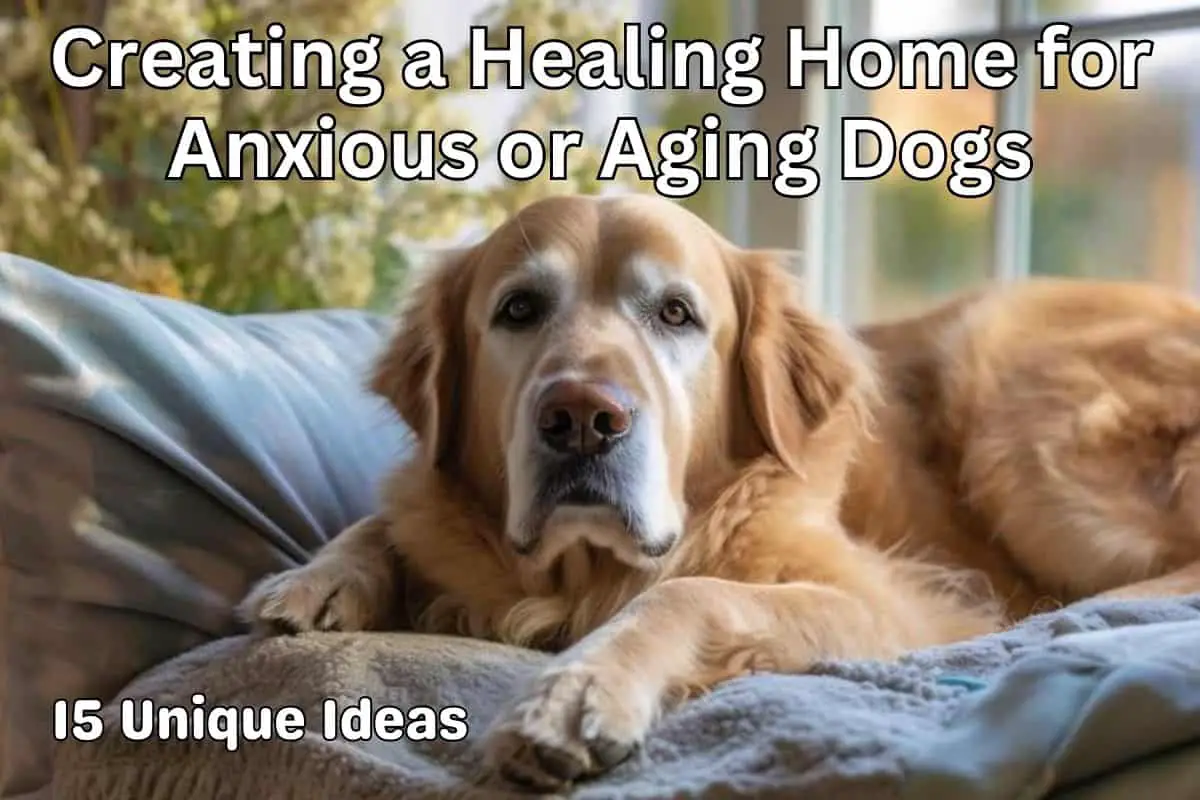 Old dog on a comfortable dog bed. Title reads "Creating a Healing Home for Anxious or Aging Dogs"